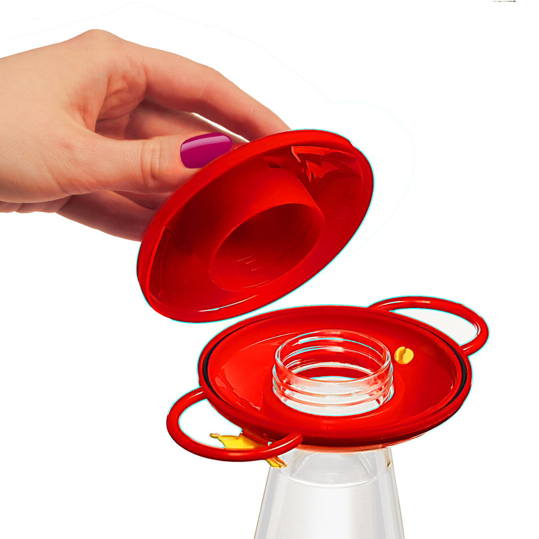 Easy fill and seal technology for convenient refilling of the hummingbird feeder